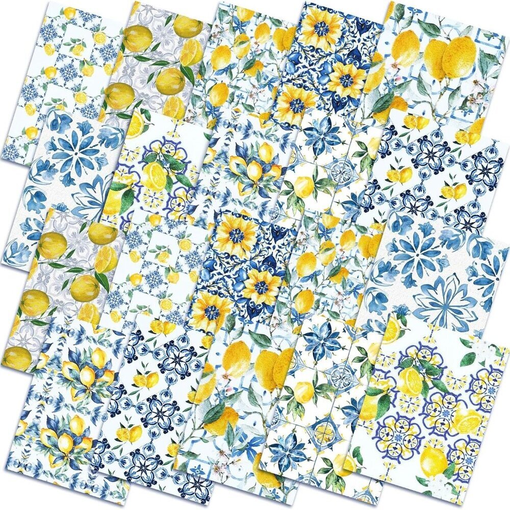10 Pcs Quilted Fabric Bundle - Lemon Chinoiserie Floral Pattern, Multicolor, 18x